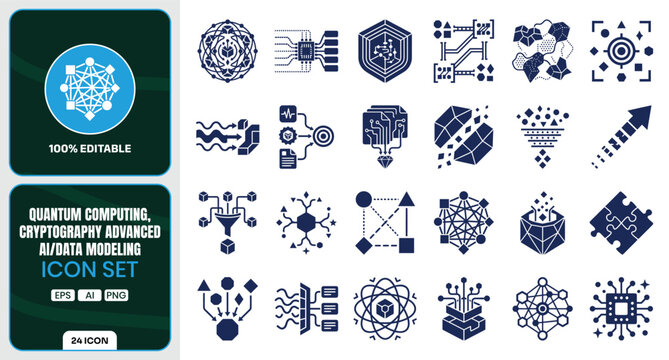 Ai quantum computing and cryptography advanced matrix glyph symbols set with technology business collection security encryption