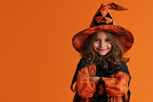young child wearing Halloween witch costume, isolated on orange background with copy space