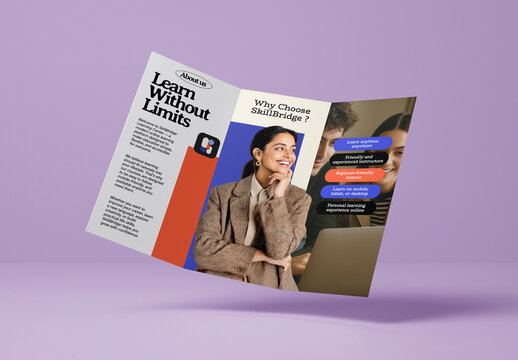 Tri Fold Brochure Mockup PSD With Diverse Professionals On A Purple Background