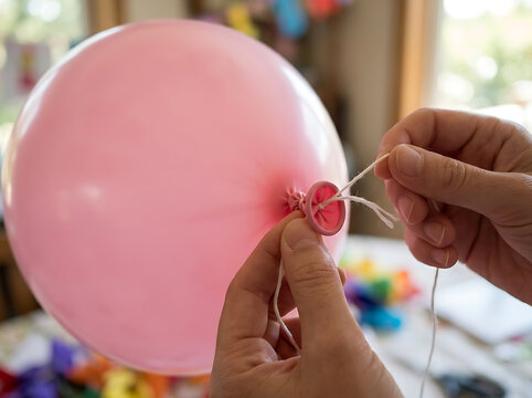 Party preparation with pink balloon string and hands tying a