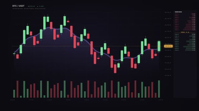 Crypto trading chart with candlestick graphs showing Bitcoin price fluctuations, market trends, and financial data analytics in a modern digital interface.