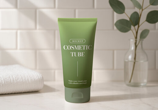 Green Cosmetic Tube Mockup PSD On Tiled Countertop In A Bright Bathroom