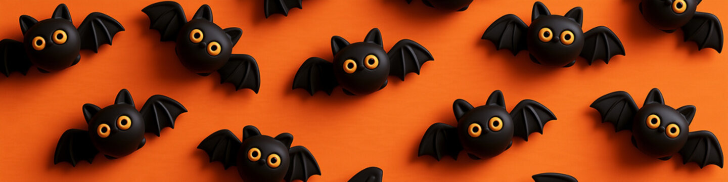top down view 3d cartoon Halloween black bat figures pattern isolated on a orange background