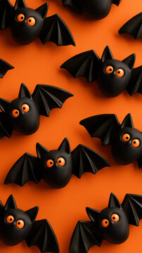 top down view 3d cartoon Halloween black bat figures isolated on a orange background