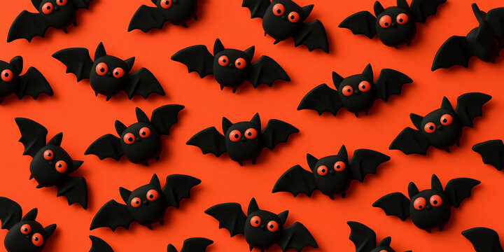 top down view 3d cartoon Halloween black bat figures pattern isolated on a red background
