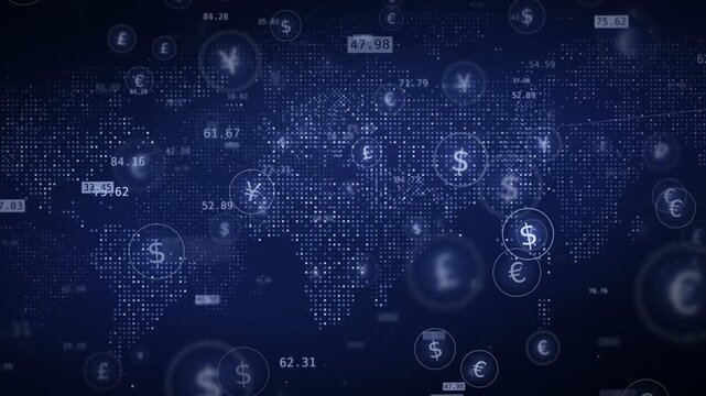Navy blue world map with dollar, euro, pound and yen currency bubbles floating right to left, exchange rate numbers, forex and economy animation