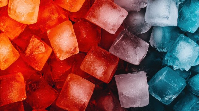 Colorful ice cubes in shades of red, orange, and blue, closely packed together with a frosty texture.