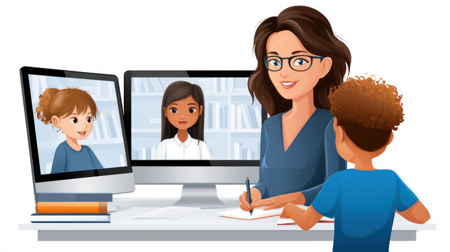 AI-powered virtual classroom with teacher and students. Automation of generation and training of artificial intelligence technology machines, AI.