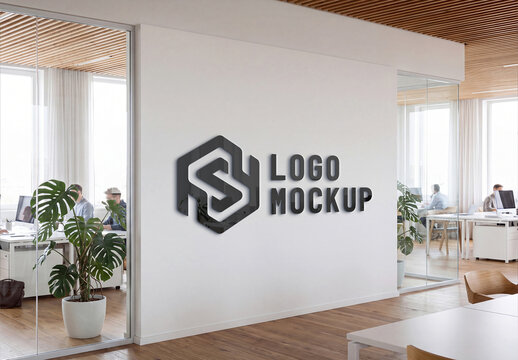 Logo on Modern Office White Wall Mockup - Perspectice View