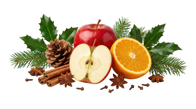 Christmas composition with apple, orange, cinnamon sticks, pine cone, star anise, cloves and holly isolated on white isolated on transparent background