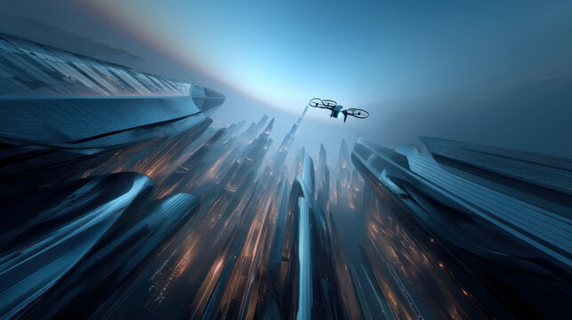 AI-powered drone flying through futuristic skyscrapers. Automation of generation and training of artificial intelligence technology machines, AI.