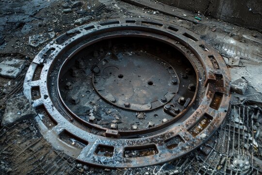 Close up of a decaying circular metal hatch embedded in a gritty, debris strewn environment, highlighting themes of urban decay and industrial decline