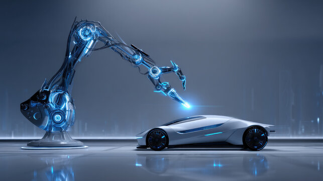 AI-controlled robotic arm assembling a futuristic vehicle. Automation of generation and training of artificial intelligence technology machines, AI.