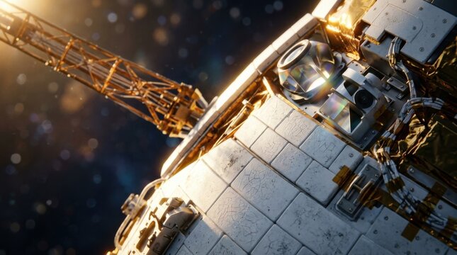 A scientific orbital probe with ceramic thermal tiles, amber magnetometer boom arm, and optical sensors catches golden dawn light against starry outer space, illustrating quiet cracking in orbit.