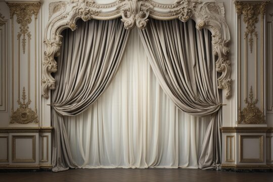 Luxurious beige and white curtains are draped from an ornate pelmet in a room with golden details, creating a sophisticated atmosphere