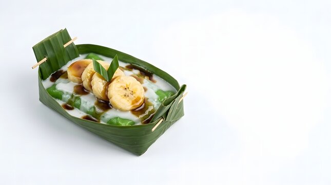 Indonesian jongkong pisang dessert with banana slices, coconut milk and palm sugar syrup in a banana leaf box.