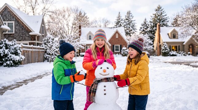 Children build a snowman in a snowy neighborhood during winter