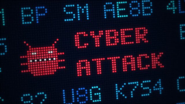Red cyber attack warning with a virus bug icon on an LED dot matrix wall of blue hex code, glitch distortion animation, hacking and malware alert