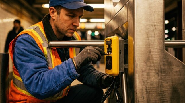 Field validation technician aligning contactless tap-to-pay validator module with diagnostic test cables on a stainless steel subway turnstile.