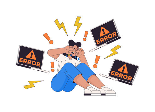 Overwhelmed user surrounded by too many errors 2D illustration concept. System failure warnings. Crying woman amid laptop software crashes cartoon character isolated. Flat vector creative metaphor