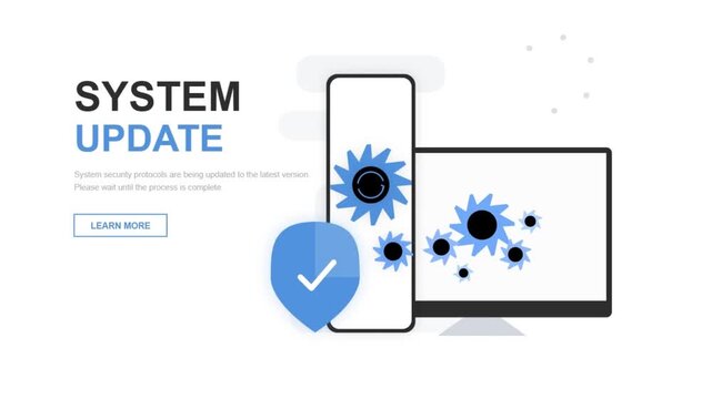 System update vector illustration featuring digital devices, gears, and shield security icon for software maintenance concept