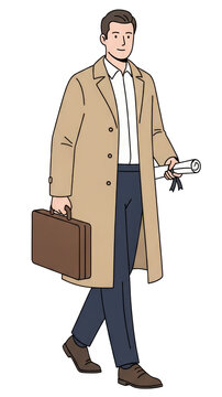 Businessman walking in trench coat holding briefcase and document scroll illustration isolated on a transparent background