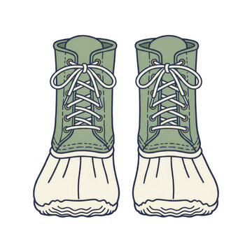 Pair of green waterproof duck boots front view illustration isolated on a transparent background