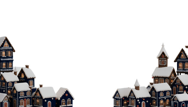 Miniature Christmas village houses border with snow-covered roofs isolated on a transparent background