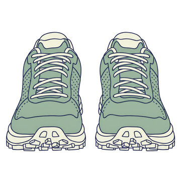 Pair of green trail running sneakers front view illustration isolated on a transparent background