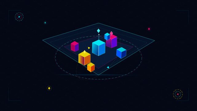 Futuristic isometric digital chart with glowing cubes on dark cyber grid