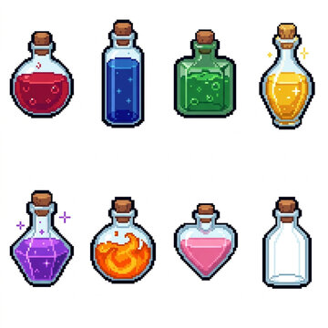 Pixel art potion bottles set, health, mana, poison, elixir, magic, fire, love and empty flask