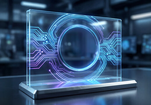 Futuristic holographic display stand for a logo Mockup in modern dark interior. Blue and purple colors. Generative ai