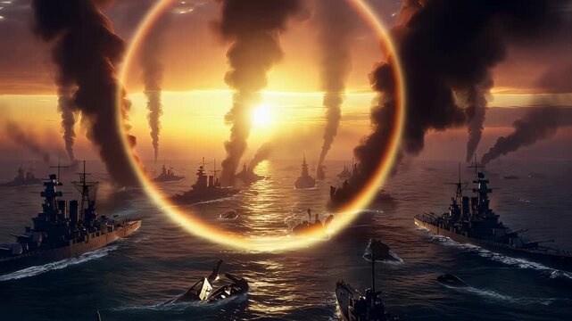 Naval battle with many warships firing in sunset. Destroyers and giant vessels fighting across ocean with thick black smoke. Maritime conflict of world war.
