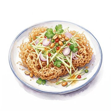 Thai Yam Pla Dook Foo Crispy Catfish Spicy Salad Watercolor Illustration White Background