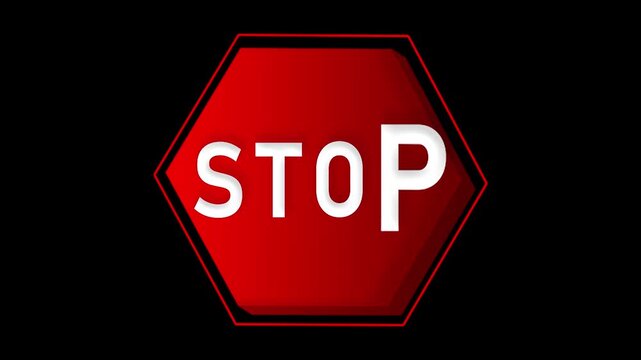 3D stop sign text animation. emergency stop notice,  modern flat UI motion graphic on dark black background.