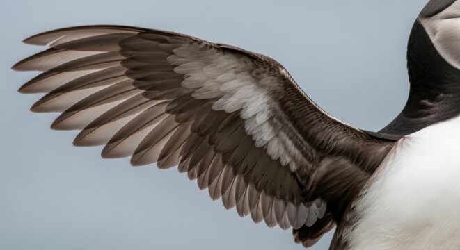 A detailed close up of an Atlantic puffin wing spread wide