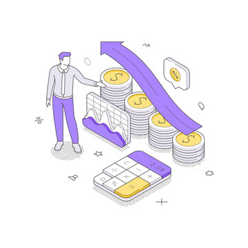 Financial success and income growth calculation isometric vector illustration. A man with a calculator and rising coin stacks. For business profit, investment analytics, and revenue reporting concepts
