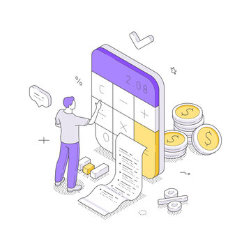 Financial accounting and budget management concept isometric vector illustration. A man with a calculator and a long receipt. For tax calculation, business expense reporting, and savings ideas