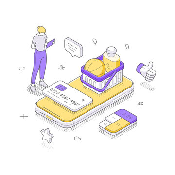 Online grocery shopping and mobile supermarket service isometric vector illustration. A man buys food using a phone app. For e-commerce, food delivery, and digital retail payment systems