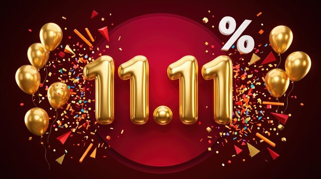 Golden 3D "11.11" numbers with a percentage sign, gold balloons and colorful confetti on a dark red background, representing global online sales, massive discounts and shopping festival