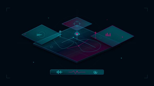 Futuristic isometric HUD interface with neon data charts and audio wave