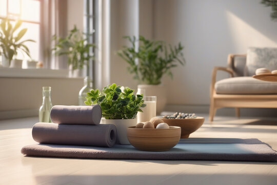 Wooden table with towels and herb bowl