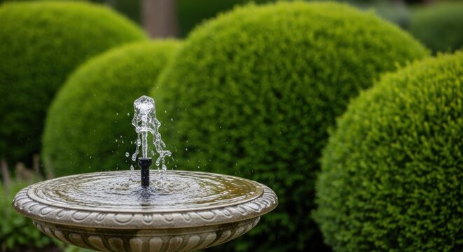 Beautiful water fountain surrounded by manicured round green bushes in garden