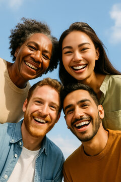 Four smiling adults lean together beneath a clear blue sky