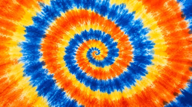 Vibrant tie dye swirl pattern with bright orange yellow and blue colors in spiral design