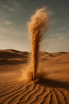 Tall dust devil spins above rippling desert sand dunes