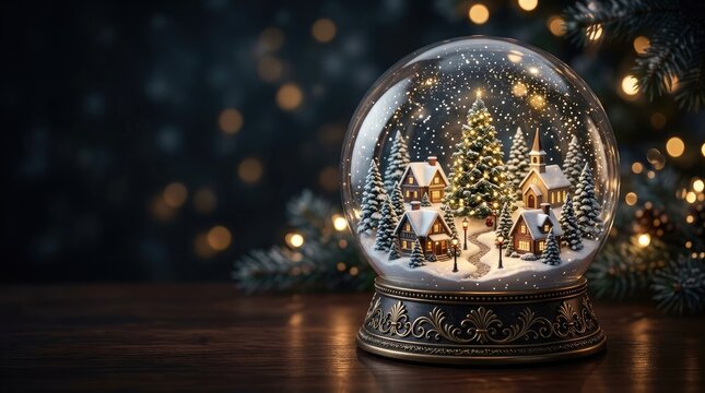 Festive christmas snow globe featuring a decorated pine tree and houses