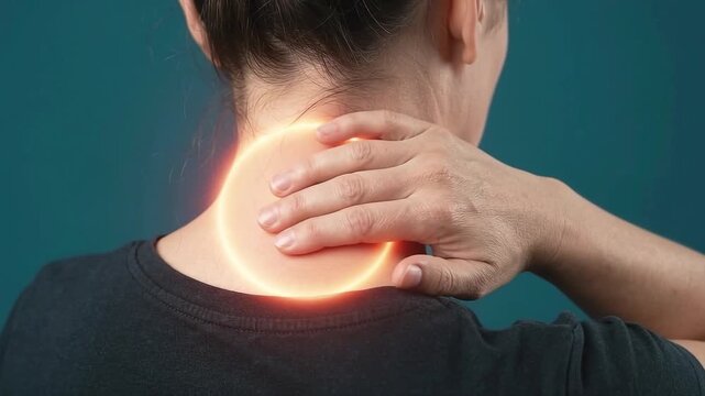 Woman Suffering from Neck Pain Rubs Sore Muscles, Indicating Discomfort and Need for Relief. Animated Glow Highlights the Area of Pain or Injury.