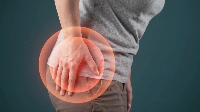 Person experiencing acute hip or lower back pain, with the affected area highlighted in red, indicating discomfort and medical concern.