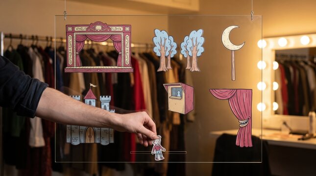 Theater and stage production concept, hands interacting with icons of castle, stage, moon, trees, and theater curtains, performing arts management, creative direction, production planning